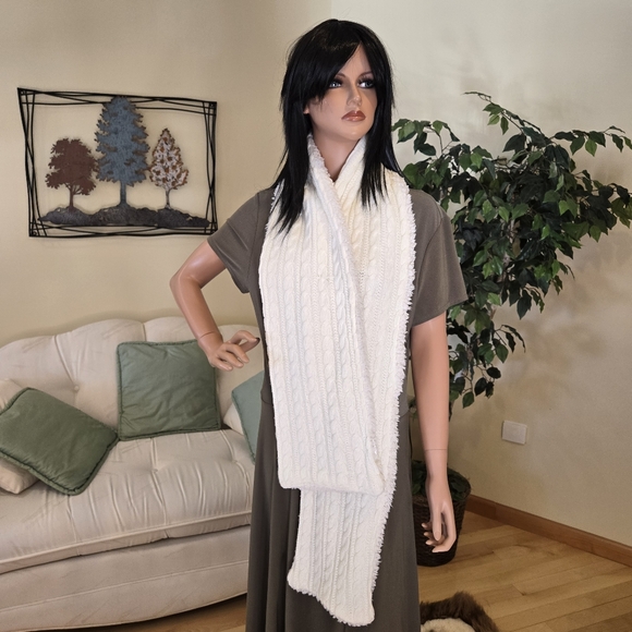White Reversible Winter Scarf, Side 1 - Cable Knit, Side 2 - Fleece, 72" Length - Picture 4 of 11